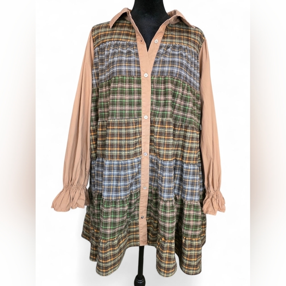 Fantastic Fawn Patchwork Plaid Button Front Tiered Tunic Dress Boho Western S